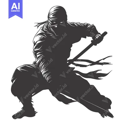 Aset premium populer: Silhouetted Ninja Warrior Holding a Sword in a Fighting Stance