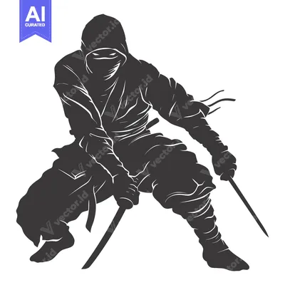 Aset premium populer: A Silhouette of a Ninja Holding Two Swords in a Fighting Stance