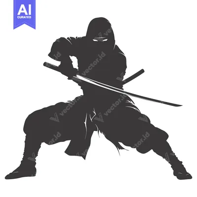 Aset desain premium: Silhouette of a Ninja Holding a Sword in a Fighting Stance
