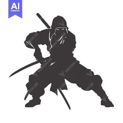 Aset desain premium: Silhouette of a Ninja Holding Two Swords