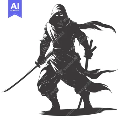 Aset desain premium: A hooded figure in a dark silhouette holding a katana, with a cloak bi