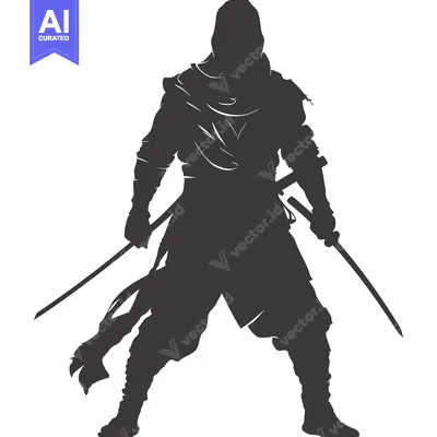 Aset premium populer: A Silhouetted Figure of a Ninja Holding Two Swords