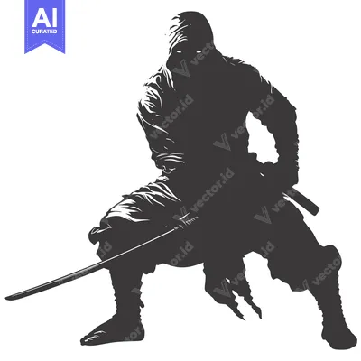 Aset desain premium: Silhouetted Ninja Warrior Holding a Katana Sword