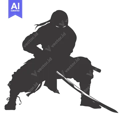 Aset desain premium: A Silhouette of a Ninja Holding a Sword in a Fighting Stance