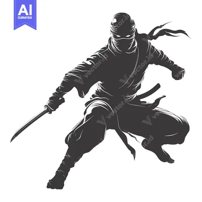 Aset desain premium: A Silhouetted Ninja Striking with a Sword