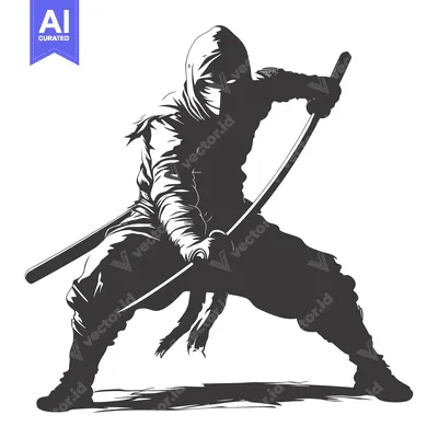 Aset desain premium: A Silhouetted Ninja Warrior Holding a Sword in a Fighting Stance