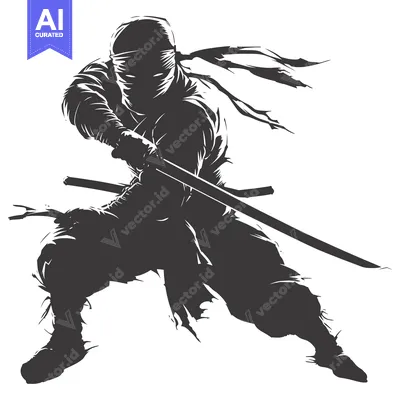 Aset desain premium: Silhouetted Ninja Warrior Holding a Katana Sword
