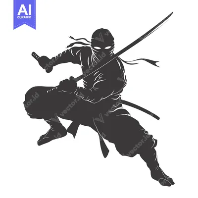 Aset premium populer: A Silhouetted Ninja Figure Leaping Forward, Holding a Katana