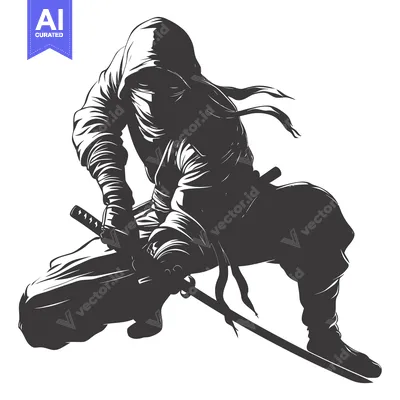 Aset desain premium: A hooded ninja warrior in a crouching position wielding a katana