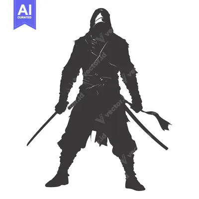 Aset desain premium: Silhouette of a Ninja Holding Two Swords