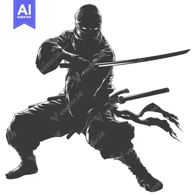 Aset desain premium: A Silhouetted Ninja Holding a Katana Sword in a Fighting Pose