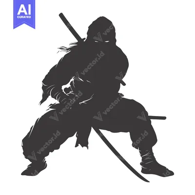 Aset desain premium: Silhouette of a Ninja Warrior Holding a Katana Sword