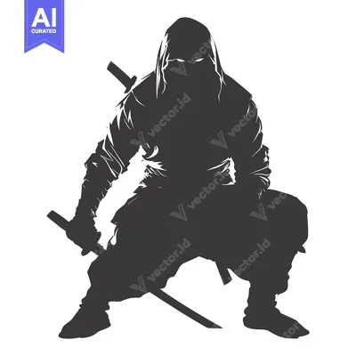 Aset premium populer: A Silhouetted Ninja Holding a Sword in a Crouching Position