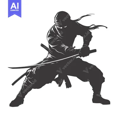 Aset premium populer: Silhouette of a ninja warrior with a katana sword in a fighting stance