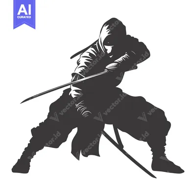 Aset premium populer: A Silhouetted Ninja Warrior in a Fighting Stance with a Katana