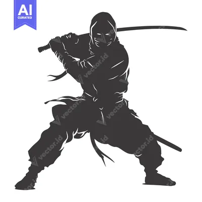 Aset desain premium: Silhouette of a Ninja Holding a Sword in a Fighting Stance