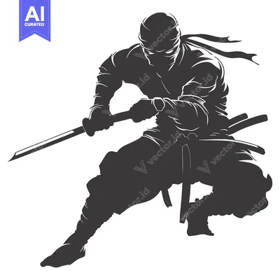 Aset premium populer: Silhouette of a Ninja Holding a Sword in a Fighting Stance