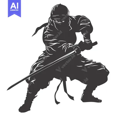 Aset desain premium: A Black and White Silhouette of a Ninja Holding a Katana Sword