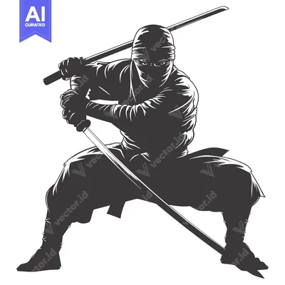 Aset desain premium: Silhouetted Ninja Warrior Holding a Katana Sword