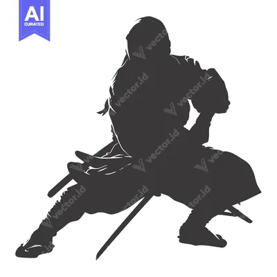 Aset desain premium: A Silhouette of a Ninja Holding a Katana in a Fighting Stance