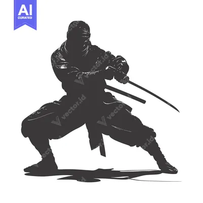 Aset desain premium: Silhouette of a Ninja Holding Two Swords in a Fighting Stance