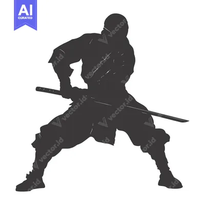 Aset desain premium: Silhouette of a Ninja Holding a Sword in a Fighting Stance