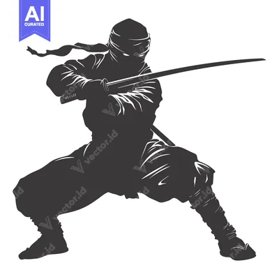 Aset premium populer: Silhouette of a Ninja Holding a Sword in a Fighting Stance