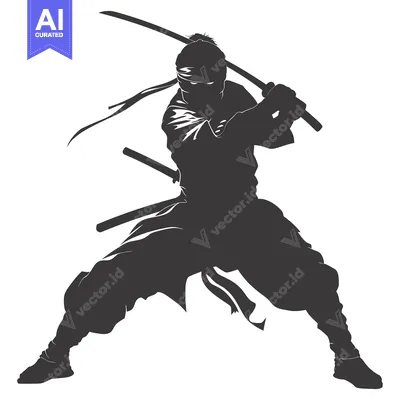 Aset premium populer: Silhouette of a Ninja Holding a Sword in a Fighting Stance