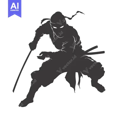 Aset desain premium: A Silhouette of a Ninja in a Fighting Stance Holding a Sword