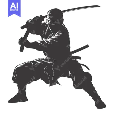 A Silhouetted Ninja Warrior in Action, Holding a Katana and a Wakizash