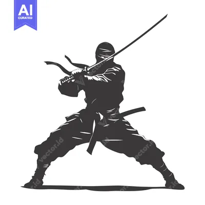 Aset premium populer: Silhouetted Ninja Holding a Katana Sword in a Fighting Stance