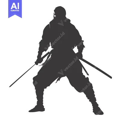 Aset desain premium: Silhouette of a Ninja Warrior Holding Two Swords