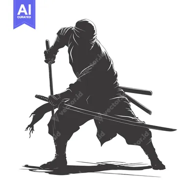 Aset premium populer: Silhouetted Ninja Warrior Holding Two Swords