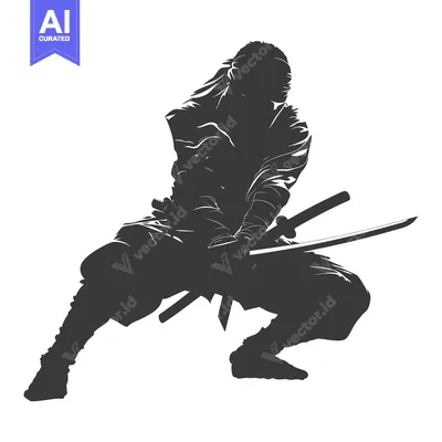 Silhouetted Ninja Warrior Holding Two Swords