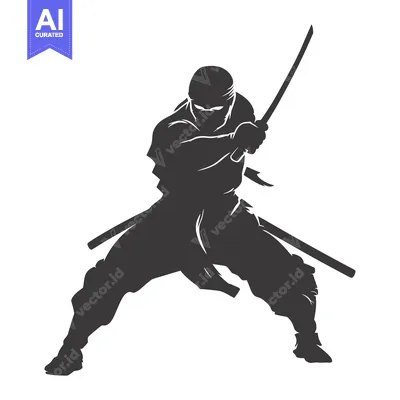Aset desain premium: A silhouette of a ninja holding a katana sword in a fighting stance