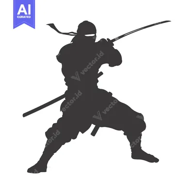 Aset desain premium: Silhouette of a Ninja Holding a Sword in a Fighting Stance