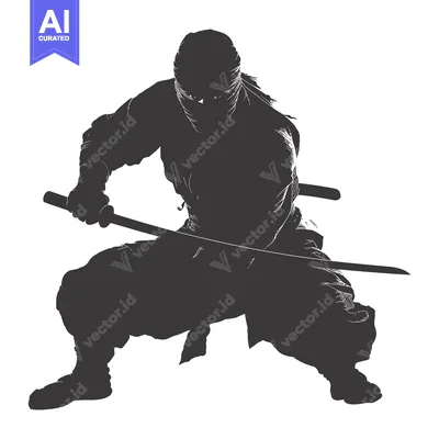 Aset desain premium: A Silhouetted Ninja Figure Holding a Katana Sword