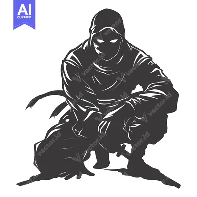 Aset premium populer: A Stealthy Silhouette of a Ninja in a Crouching Stance