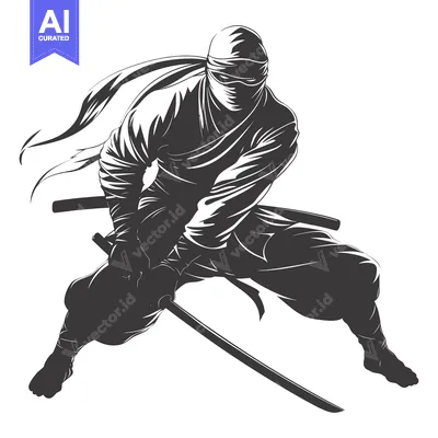 Aset premium populer: A black and white illustration of a ninja in mid-air with a sword