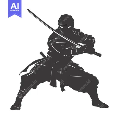 Aset desain premium: A Silhouetted Ninja Holding a Sword in a Fighting Stance