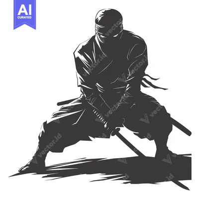 Silhouette of a Ninja Holding a Sword in a Fighting Stance