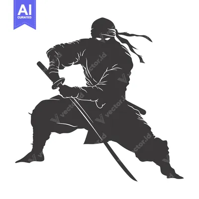 Aset desain premium: Silhouette of a Ninja Holding a Sword in a Fighting Stance