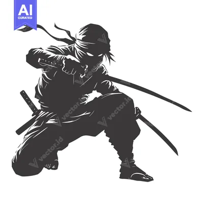 Aset premium populer: A Silhouetted Ninja Holding Two Swords in a Crouched Position