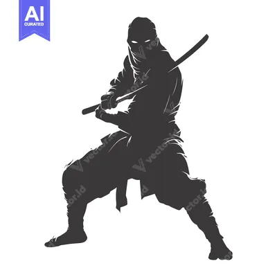Aset desain premium: Silhouetted Ninja Holding a Katana Sword in a Fighting Stance