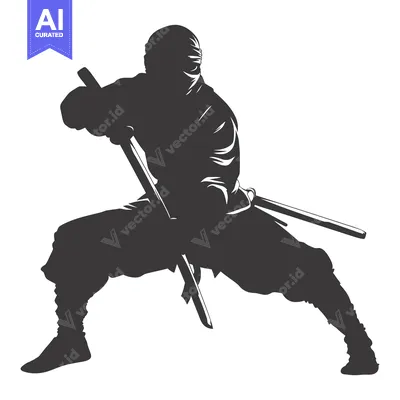 Aset desain premium: Silhouette of a Ninja Holding a Sword in a Fighting Stance