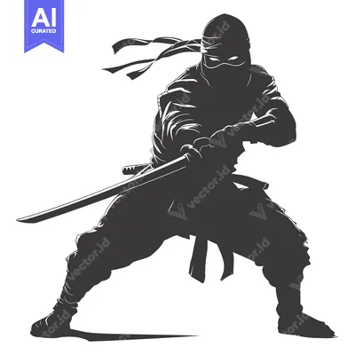 Aset desain premium: A Silhouetted Ninja Holding a Katana Sword in a Fighting Stance