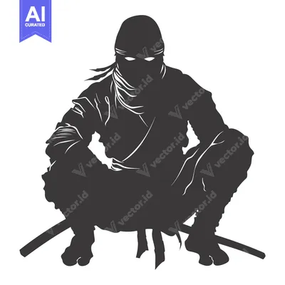 Aset desain premium: Silhouette of a Crouching Ninja with a Katana