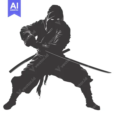 Aset desain premium: A Silhouette of a Ninja Holding a Sword in a Fighting Stance