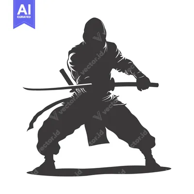 Silhouette of a Ninja Holding a Sword in a Fighting Stance