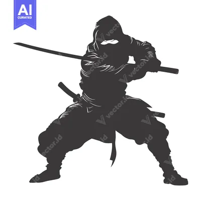 Aset desain premium: Silhouette of a hooded ninja holding a katana